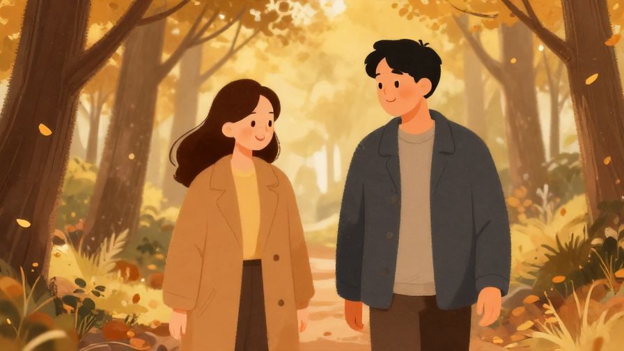 Illustration%20of%20two people smiling and nodding together while walking in autumn woods, peaceful and warm tones