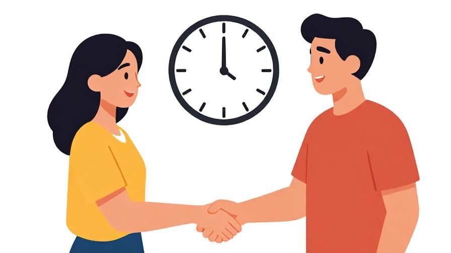 Illustration%20of%20two people smiling and shaking hands, with a clock showing later time in the background, bright colors