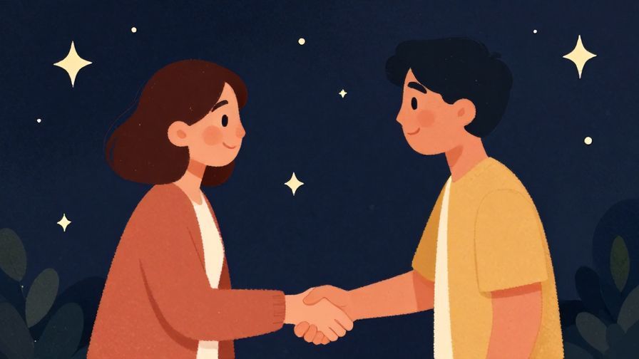 Illustration%20of%20two people smiling and shaking hands warmly, with stars and floating leaves in the background