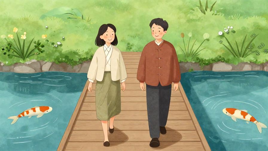 Illustration%20of%20two people smiling softly while walking apart on a wooden bridge over a koi pond