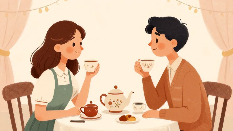 Illustration%20of%20two people smiling warmly at each other in an elegant tea room, soft pastel colors, illustrated style