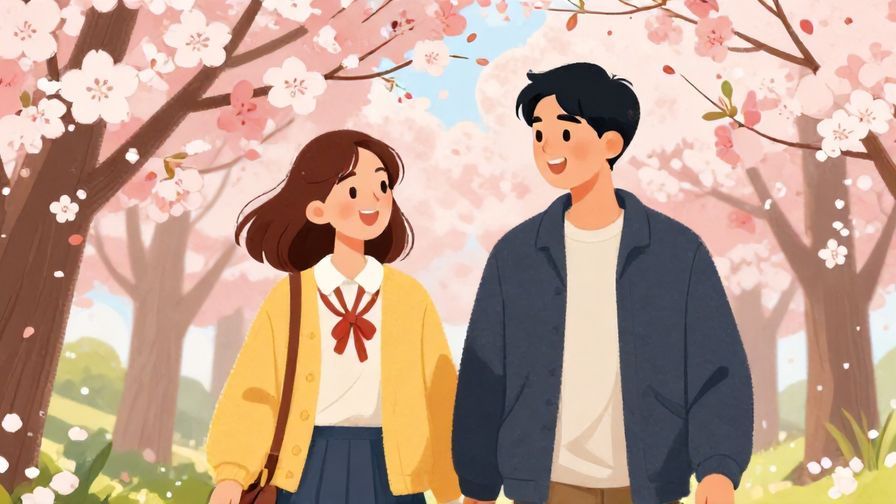 Illustration%20of%20two people walking side-by-side, smiling warmly, with cherry blossoms in the background, vibrant colors