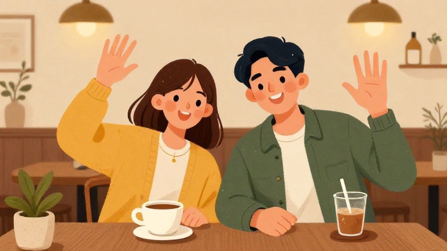 Illustration%20of%20two people waving with casual smiles in a cozy cafe, warm lighting, illustrated style