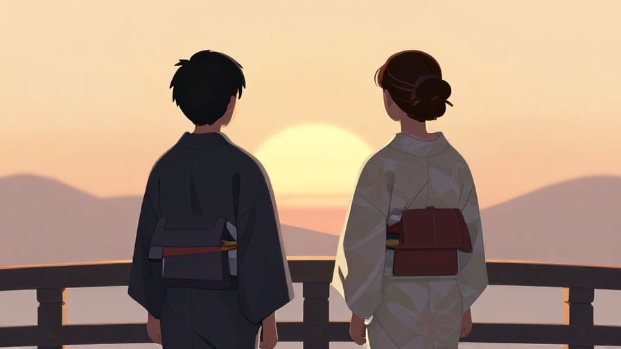 Illustration%20of%20two people%20in%20traditional%20Japanese%20clothing%20standing%20on%20a%20bridge%20looking%20at%20sunset%2C%20symbolizing%20love%20and%20conflict%2C%20soft%20lighting%2C%20illustrated%20style