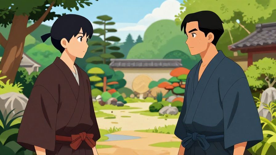 Illustration%20of%20two samurai facing off with calm expressions, subtle tension, traditional Japanese garden in background, vibrant colors