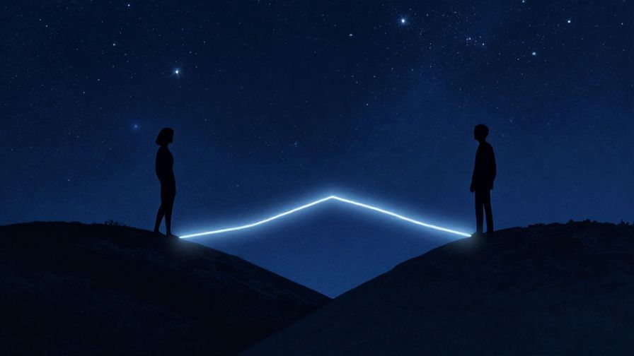 Illustration%20of%20two silhouettes standing apart on opposite hills under a starry night, connected by a bright glowing line, atmospheric, illustrated style