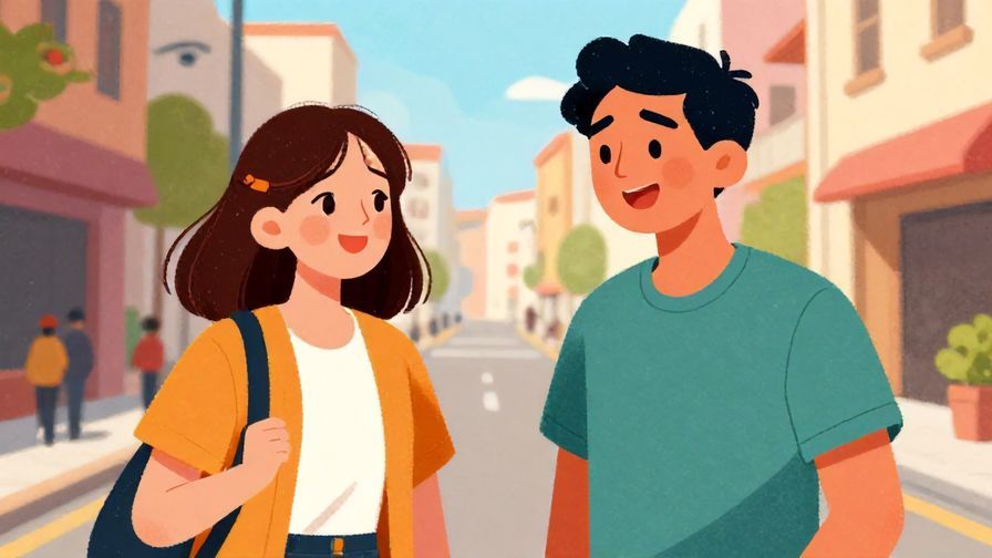 Illustration%20of%20two smiling people meeting on a sunny street, one looking relieved and happy, vibrant colors, illustrated style