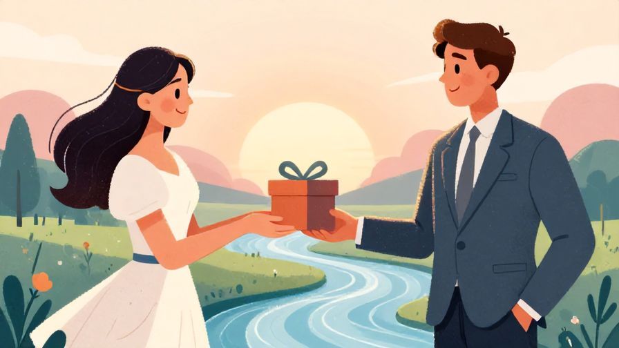 Illustration%20of%20two stylized characters separated by a flowing river yet exchanging gifts across, soft sunset lighting, elegant colors, illustrated style