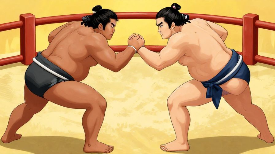 Illustration%20of%20two sumo wrestlers preparing to compete in a ring, intense expressions with focused eyes, traditional Japanese setting, vibrant colors
