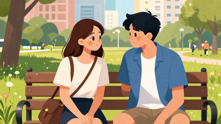Illustration%20of%20two teenagers casually sitting on a bench, one leaning forward curiously, urban park background, bright colors, illustrated style