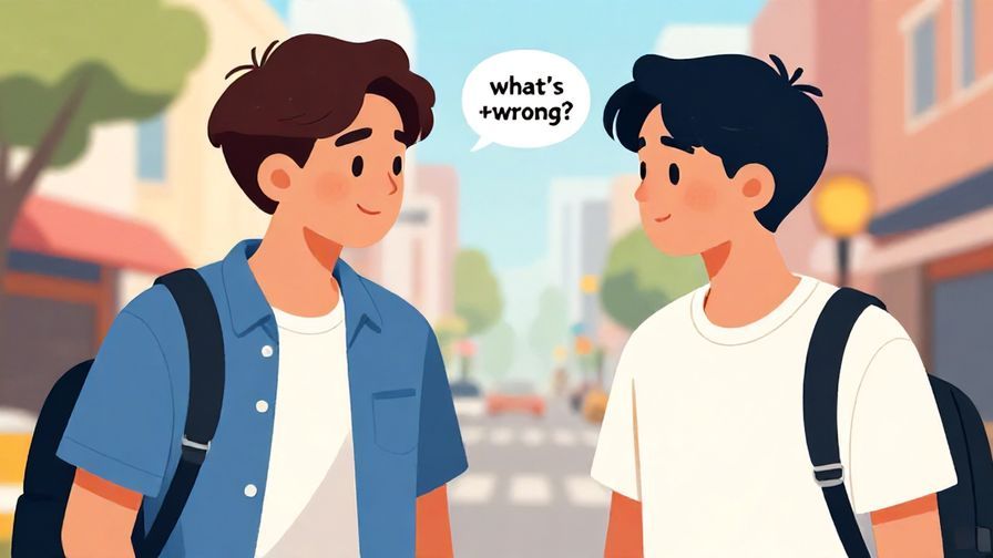 Illustration%20of%20two teenagers chatting closely, one asking “what’s wrong?” in a very casual way, urban street background, bright colors
