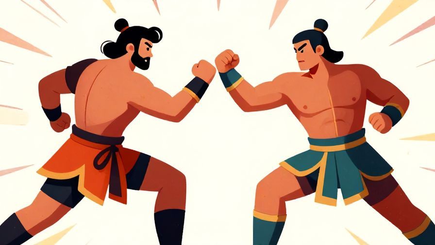 Illustration%20of%20two warriors exchanging blows equally in a stylized battle scene, intense expressions, dynamic motion, vibrant colors