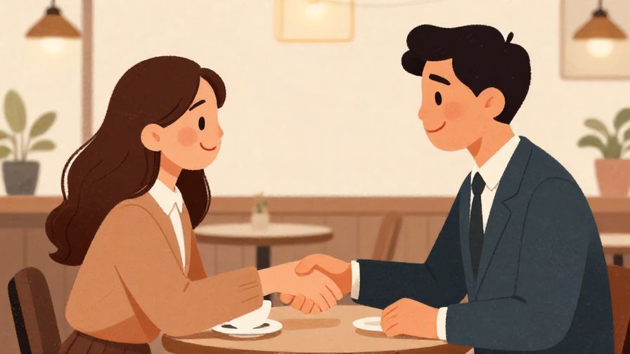 Illustration%20of%20two well-dressed people shaking hands with hopeful smiles in a neat café, warm lighting, illustrated style