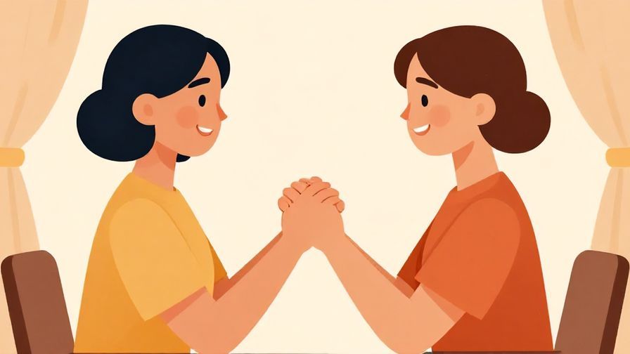 Illustration%20of%20two women smiling and holding hands in a formal setting with warm colors