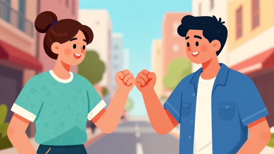 Illustration%20of%20two young friends fist-bumping with casual city street background, vibrant colors, illustrated style