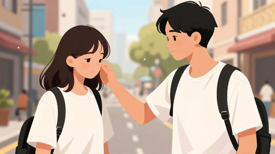 Illustration%20of%20two young friends hanging out, one playfully nudging the other who looks down, urban street background