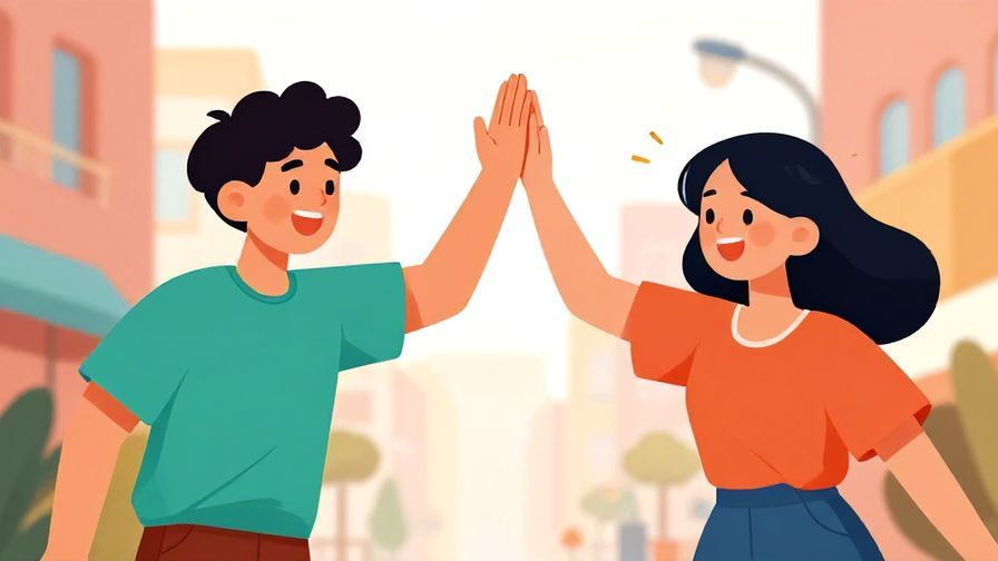 Illustration%20of%20two young friends high-fiving with bright, energetic colors and urban background, illustrated style