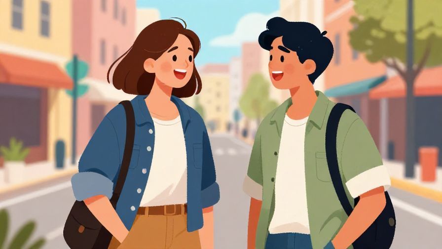 Illustration%20of%20two young friends laughing and chatting on a sunny street corner, casual clothing, vibrant urban background, illustrated style
