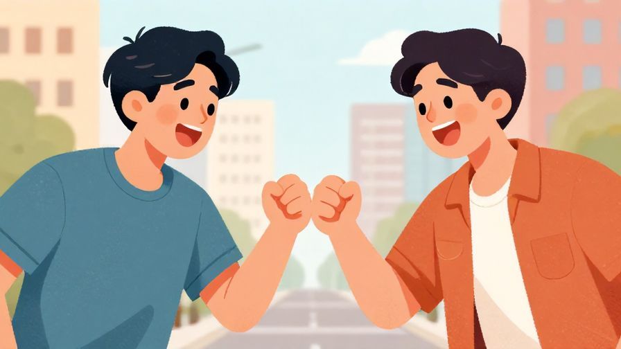 Illustration%20of%20two young men fist-bumping energetically, casual urban background, playful expressions, vibrant colors, illustrated style