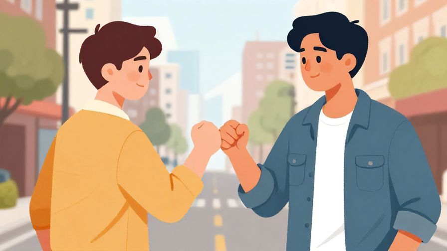 Illustration%20of%20two young men giving a casual fist bump with a relaxed city street background, informal vibe, illustrated style