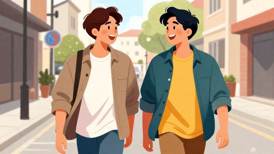 Illustration%20of%20two young men laughing and walking down a street together, casual and friendly, vibrant colors, illustrated style