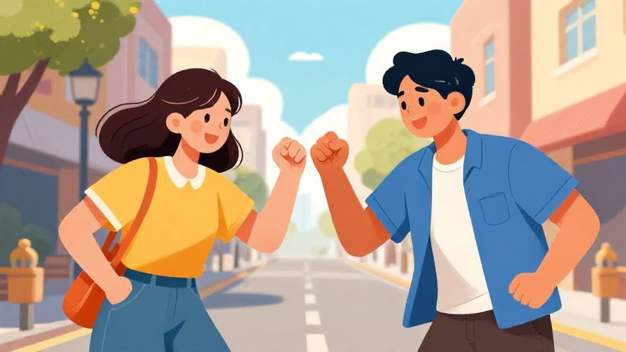 Illustration%20of%20two young people bumping fists energetically on a city street, casual clothes, bright sunny day, vibrant colors, illustrated style
