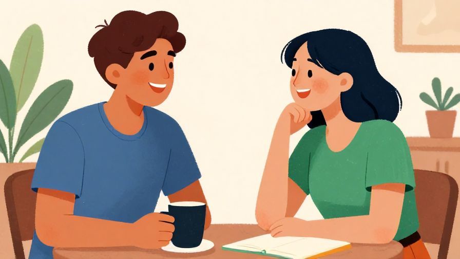 Illustration%20of%20two young people chatting casually and laughing, relaxed atmosphere, vibrant colors, illustrated style