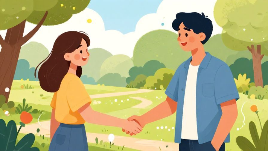 Illustration%20of%20two young people smiling and shaking hands in a park, casual sunny day, lively colors, illustrated style