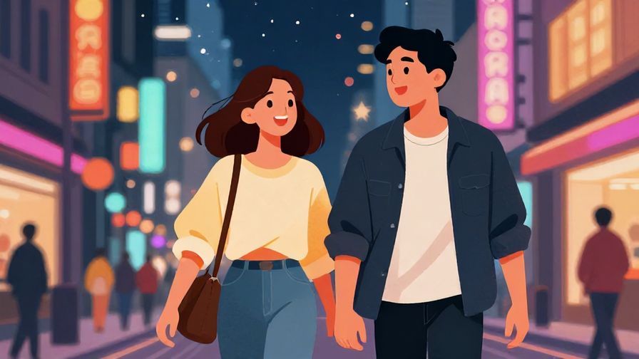 Illustration%20of%20two young people walking left confidently with energetic expressions, urban night scene, colorful lights, illustrated style