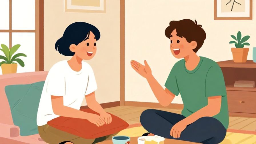 Illustration%20of%20two%20friends%20chatting%20and%20laughing%20in%20a%20Japanese-style%20living%20room%2C%20with%20one%20gesturing%20to%20a%20soft%20cushion.%20Vibrant%20colors%2C%20illustrated%20style