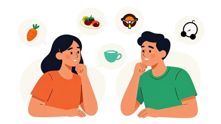 Illustration%20of%20two%20friends%20chatting%20casually%20with%20thought%20bubbles%20showing%20examples%20like%20food%20and%20hobby%20icons%2C%20vibrant%20colors%2C%20illustrated%20style