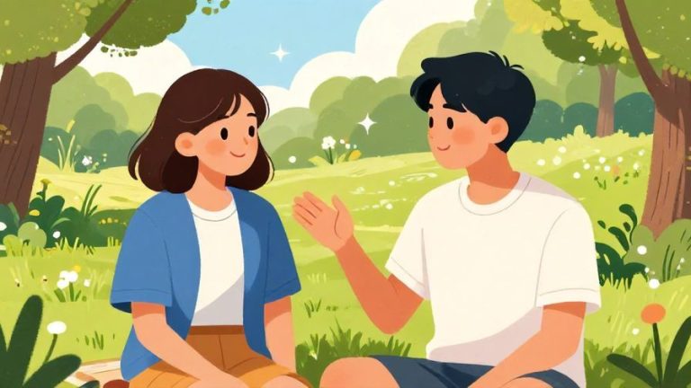 Illustration%20of%20two%20friends%20chatting%20in%20a%20park%2C%20one%20smiling%20gently%20and%20gesturing%20to%20slow%20down%20speech%2C%20sunny%20day%2C%20vibrant%20colors%2C%20illustrated%20style