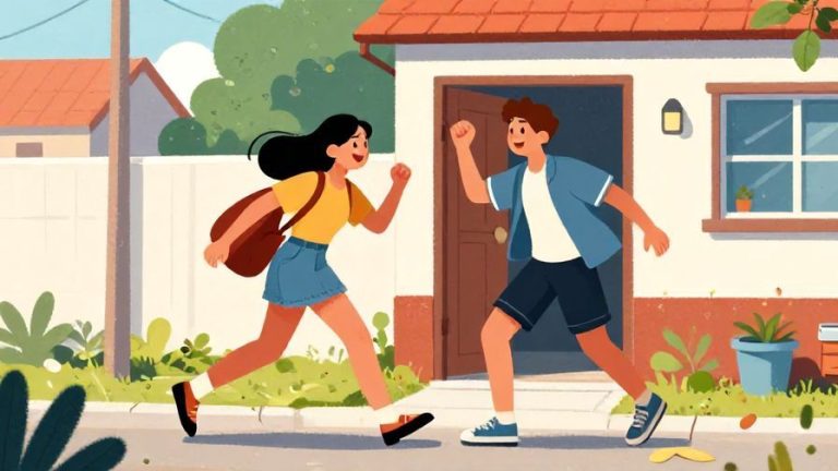 Illustration%20of%20two%20friends%20excitedly%20getting%20ready%20to%20leave%20a%20house%2C%20showing%20energy%20and%20movement%20in%20a%20bright%20street%20background%2C%20vibrant%20colors%2C%20illustrated%20style