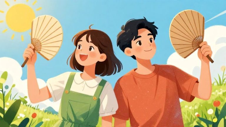 Illustration%20of%20two%20friends%20fanning%20themselves%20and%20smiling%20in%20summer%20clothes%20under%20a%20bright%20sun%2C%20detailed%20background%2C%20vibrant%20colors%2C%20illustrated%20style