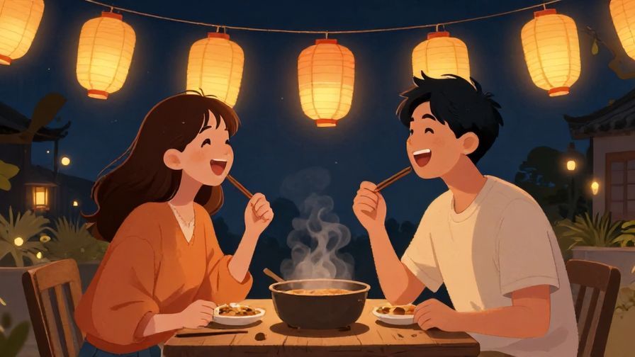 Illustration%20of%20two%20friends%20laughing%20and%20sharing%20a%20meal%20under%20a%20string%20of%20paper%20lanterns%20at%20night%2C%20warm%20lighting%2C%20illustrated%20style