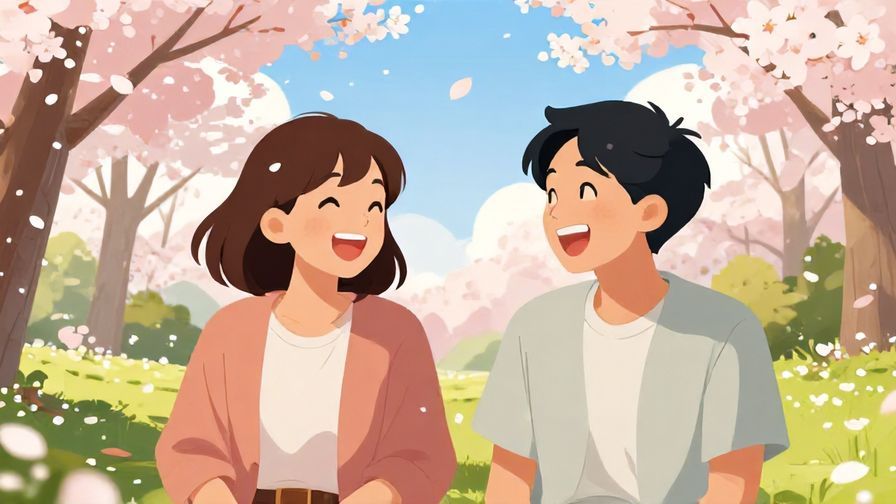 Illustration%20of%20two%20friends%20laughing%20and%20chatting%20in%20a%20sunny%20park%20with%20cherry%20blossoms%20falling%20around%20them.%20Bright%20colors%2C%20friendly%20expressions%2C%20illustrated%20style