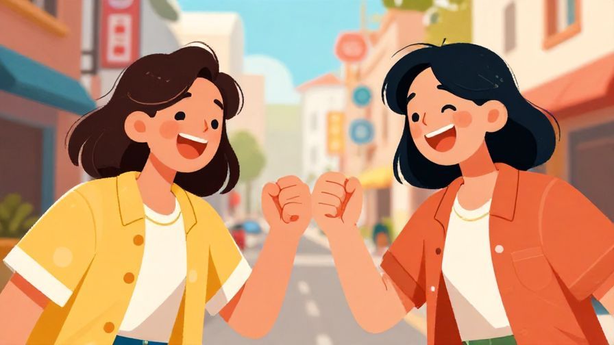 Illustration%20of%20two%20friends%20laughing%20and%20bumping%20fists%20in%20celebration%20of%20a%20coincidence%2C%20colorful%20street%20background%2C%20illustrated%20style