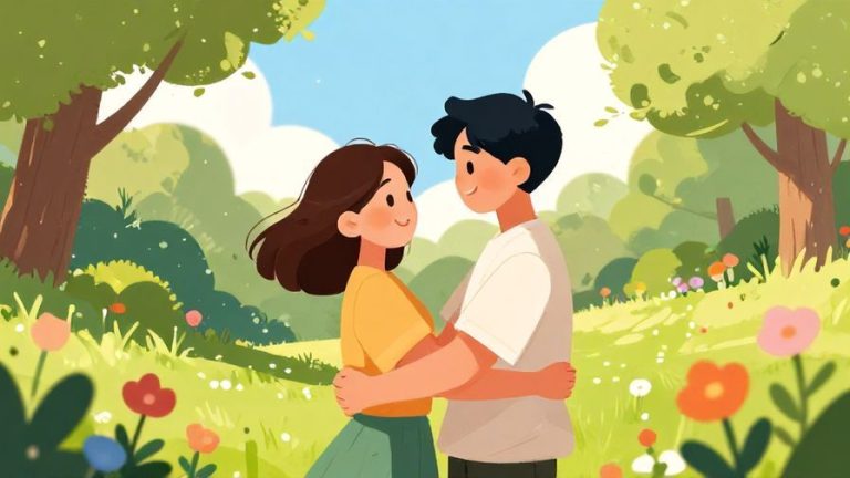 Illustration%20of%20two%20friends%20meeting%20after%20a%20long%20time%2C%20smiling%20and%20hugging%20in%20a%20sunny%20park%20with%20flowers%20blooming%20around%20them%2C%20vibrant%20colors%2C%20illustrated%20style