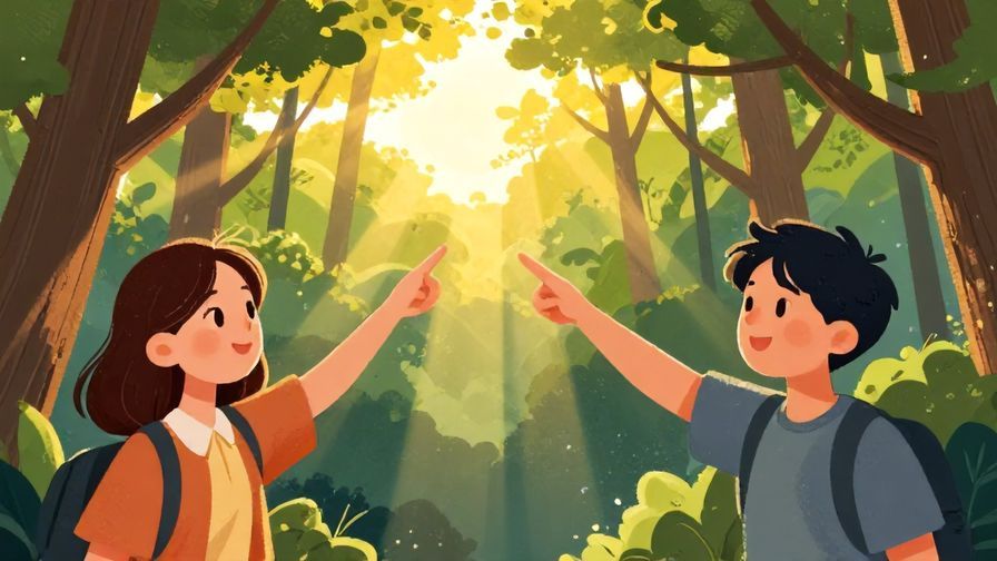Illustration%20of%20two%20friends%20pointing%20at%20a%20sunbeam%20breaking%20through%20trees%20with%20curious%20faces%2C%20detailed%20background%2C%20vibrant%20colors%2C%20illustrated%20style