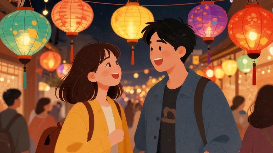 Illustration%20of%20two%20friends%20sharing%20a%20laugh%20at%20a%20festival%2C%20colorful%20lanterns%20glowing%20around%20them%2C%20detailed%20background%2C%20vibrant%20colors%2C%20illustrated%20style