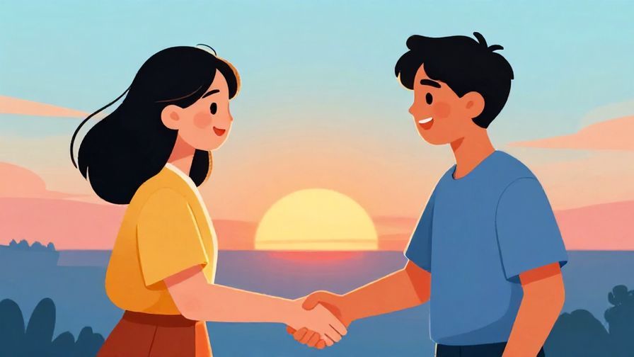 Illustration%20of%20two%20friends%20smiling%20and%20shaking%20hands%20with%20a%20gentle%20sunset%20background%2C%20vibrant%20colors%2C%20illustrated%20style