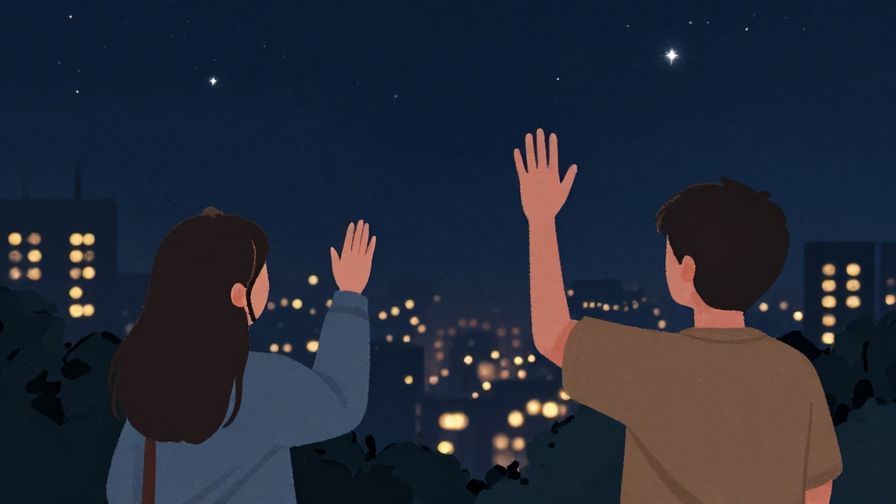 Illustration%20of%20two%20friends%20waving%20at%20each%20other%20from%20a%20distance%20at%20night%2C%20with%20city%20lights%20and%20stars%20above%2C%20illustrated%20style
