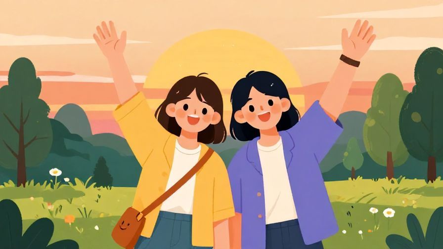 Illustration%20of%20two%20friends%20waving%20goodbye%20with%20smiles%20and%20a%20sunset%20park%20background%2C%20vibrant%20colors%2C%20illustrated%20style