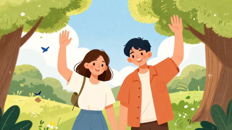 Illustration%20of%20two%20friends%20waving%20to%20each%20other%20on%20a%20sunny%20day%20with%20trees%20and%20birds%20in%20the%20background%2C%20vibrant%20colors%2C%20illustrated%20style