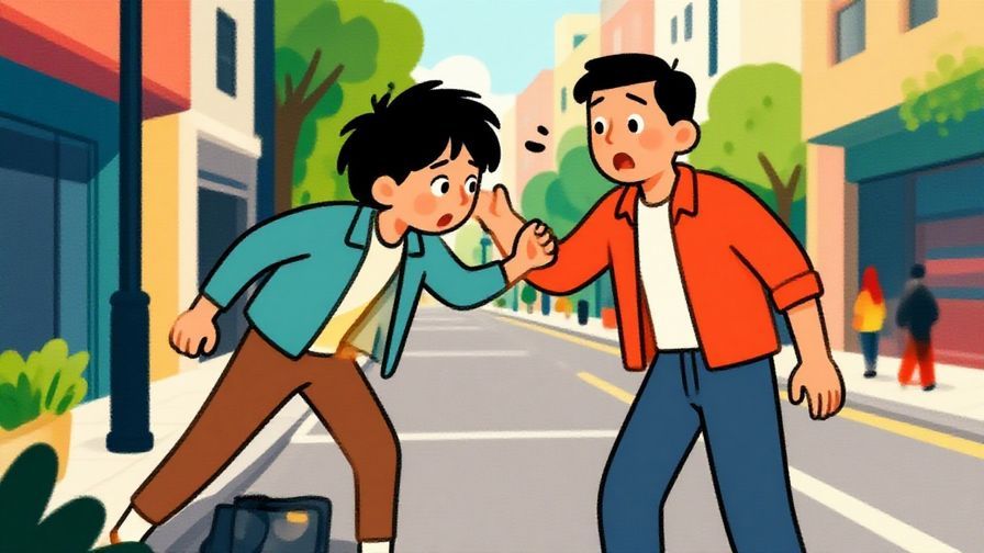 Illustration%20of%20two%20people%20accidentally%20bumping%20into%20each%20other%20on%20a%20street%20with surprised%20expressions%20and%20a%20lighthearted%20background, vibrant colors, illustrated style