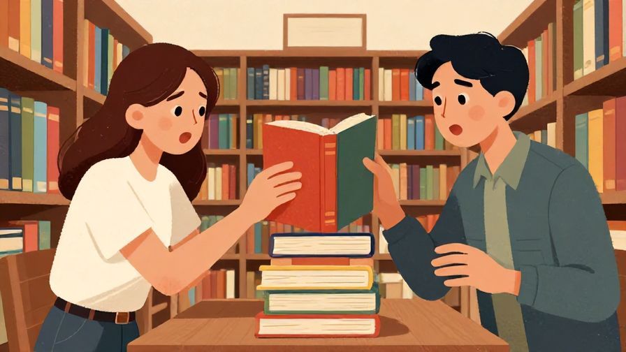Illustration%20of%20two%20people%20accidentally%20reaching%20for%20the%20same%20book%20in%20a%20quiet%20library%2C%20surprised%20expressions%2C%20detailed%20background%2C%20vibrant%20colors%2C%20illustrated%20style