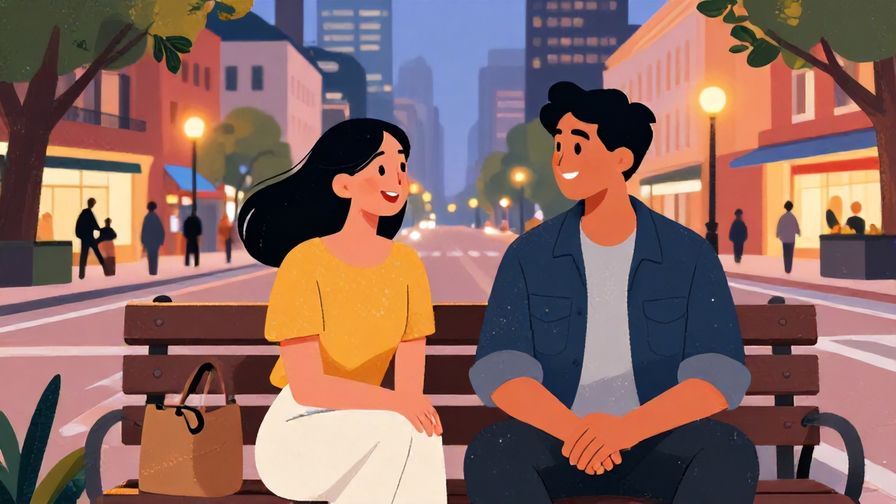 Illustration%20of%20two%20people%20chatting%20happily%20on%20a%20bench%20in%20a%20city%20square%20at%20dusk%2C%20vibrant%20colors%2C%20illustrated%20style