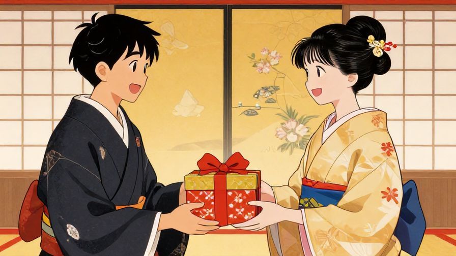 Illustration%20of%20two%20people%20exchanging%20gifts%20smilingly%20in%20a%20traditional%20Japanese%20setting%2C%20vibrant%20colors%2C%20detailed%20background%2C%20illustrated%20style