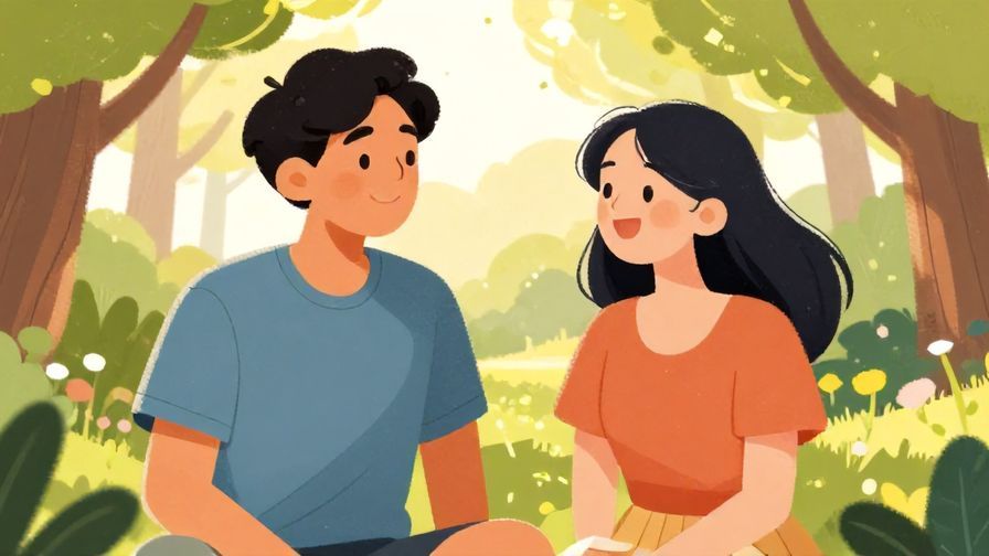 Illustration%20of%20two%20people%20smiling%20and%20chatting%20in%20a%20park%20with%20sunlight%20filtering%20through%20trees%2C%20friendly%20expressions%2C%20vibrant%20colors%2C%20illustrated%20style