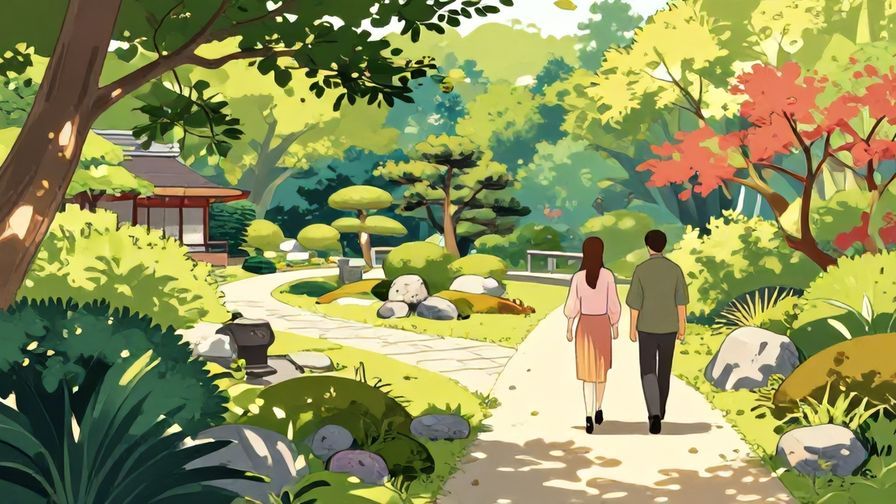 Illustration%20of%20two%20people%20walking%20separate%20paths%20through%20a%20Japanese%20garden%2C%20soft%20sunlight%20filtering%20through%20trees%2C%20vibrant%20colors%2C%20illustrated%20style